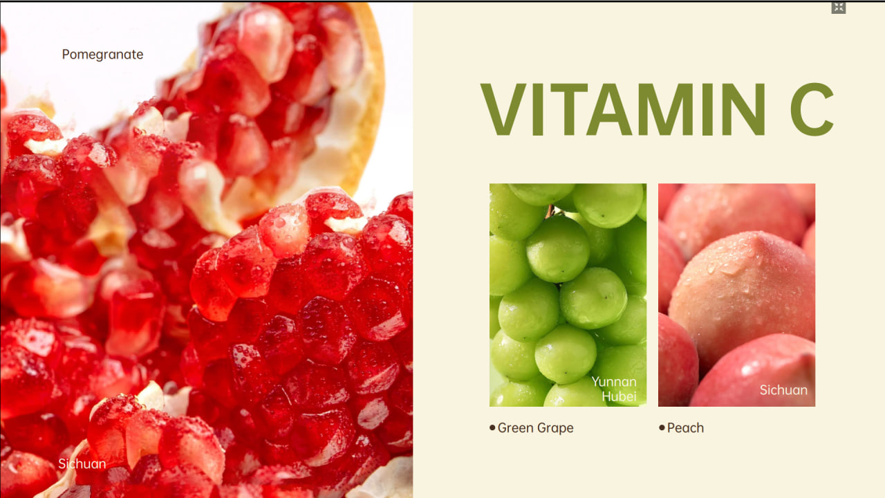 Nguyên liệu giàu Vitamin C — Lựu, Nho, Đào